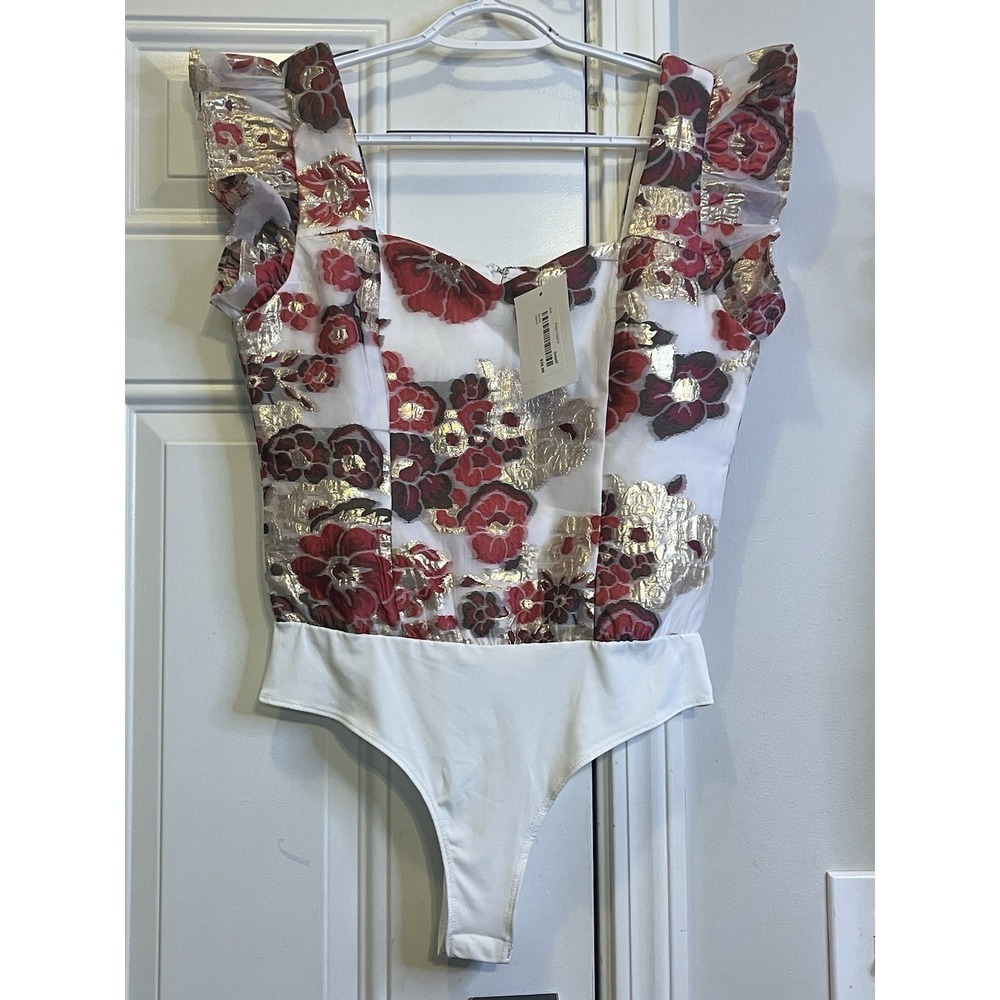 Brand New with Tags TCEC Pink Floral Metallic Gold Brocade Bodysuit - Size Small